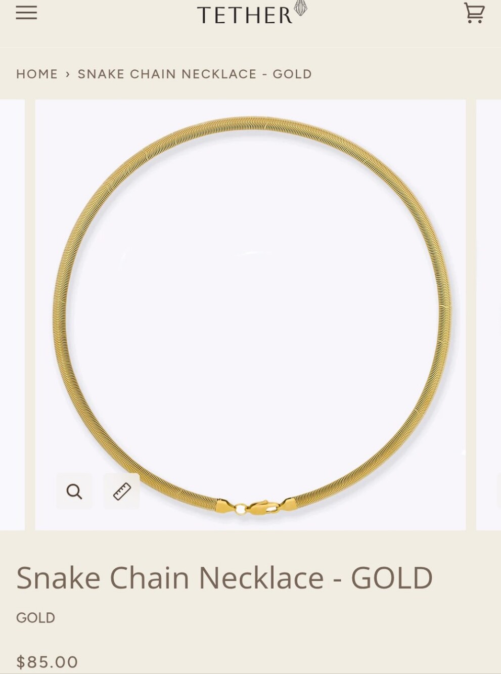 18K Gold Snake Chain Necklace Stainless Steel Tether 20"